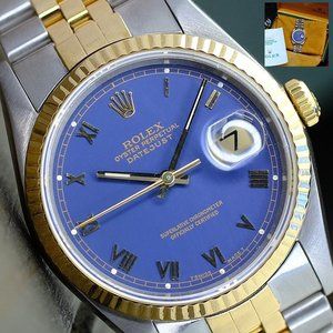 ROLEX MENS DATEJUST WATCH GOLD STEEL FACTORY BLUE DIAL FLUTED 36MM BOX & PAPERS